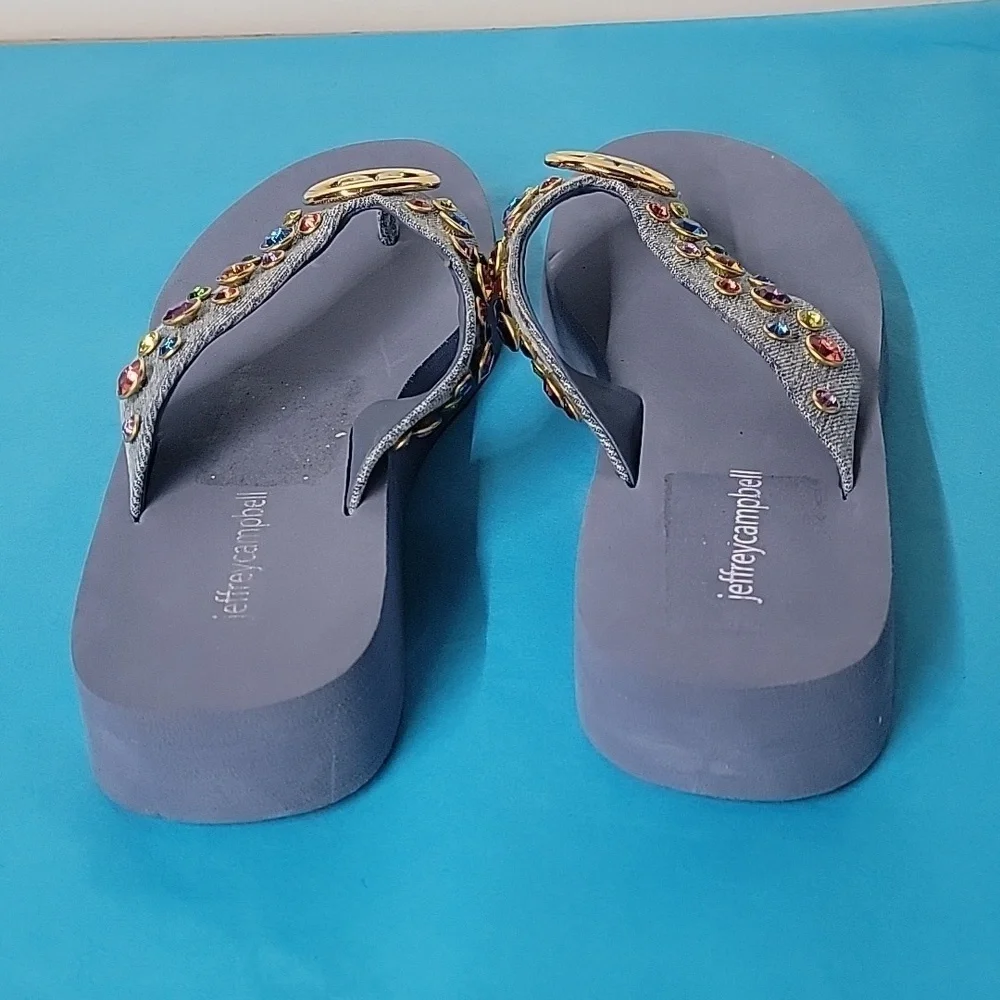Jeffrey Campbell ICONICS Flip Flop In Blue Denim Multi Color Gemstones Size 9 - Picture 8 of 10